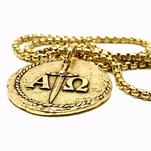 Bbeni alpha and omega coin Necklace gold for men