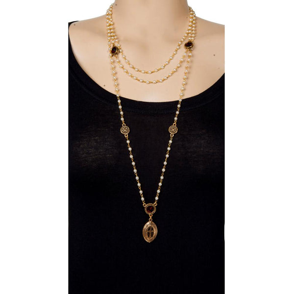 Aviela long pearl marquis cross layered necklace