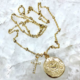 Gold cz diamond cross and coin necklace 