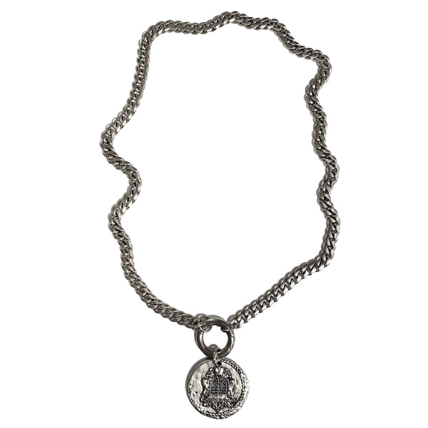 Silver coin necklace on heavy cable chain