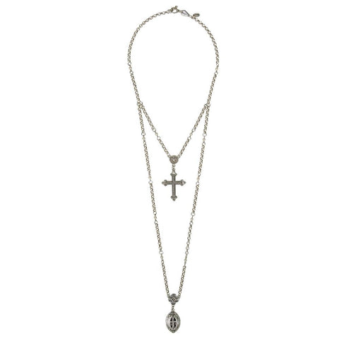 Christiane Long Silver Layered Cross Necklace
