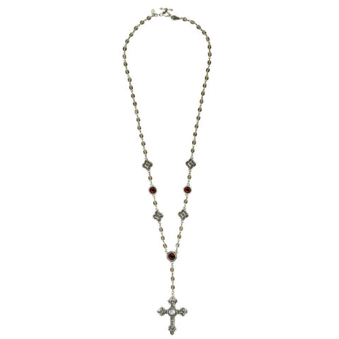 Emmanuelle Long Silver & Crystal Beaded Rosary Style Cross Necklace