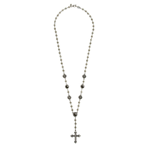 Emmanuelle Long Silver & Crystal Beaded Rosary Style Cross Necklace