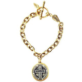 Solid brass gold plated Christian charm engraved link bracelet & religious IXOYE Greek cross charm