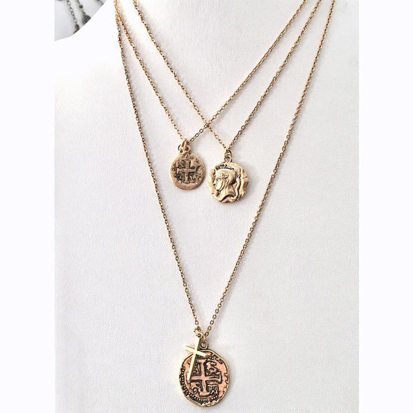 Old Spanish Gold Coin And Cross Necklace - New!