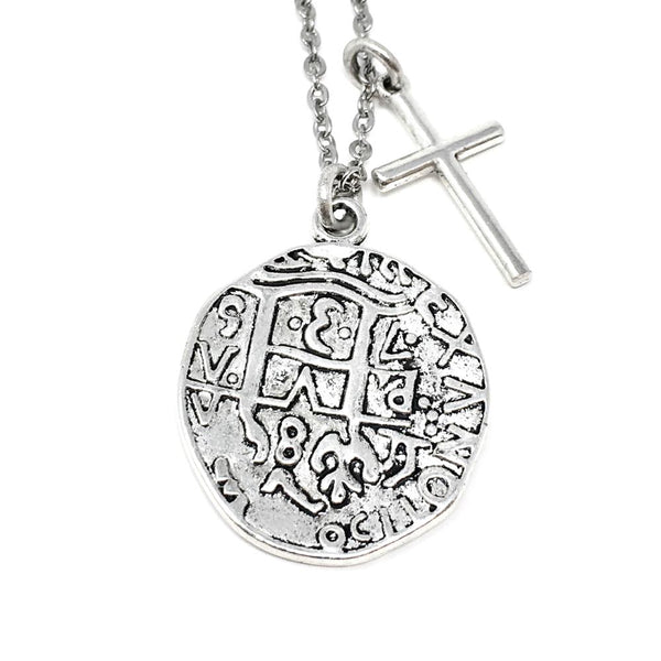 Old Spanish Silver Coin And Cross Necklace - New!