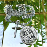 Old Spanish Silver Coin And Cross Necklace - New!