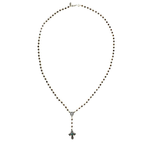 Bella Long Garnet Glass Bead Gold Rosary Style Cross Necklace