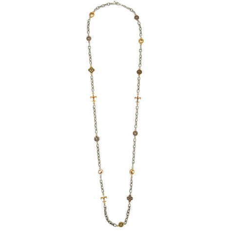 Shiloh Long Silver & Gold Cable Link & Gemstone Necklace