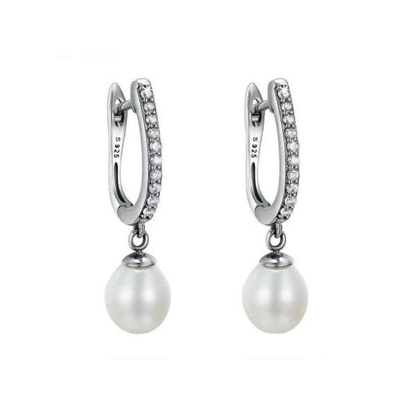 Sterling Silver Crystal Huggie Pearl Drop Earrings